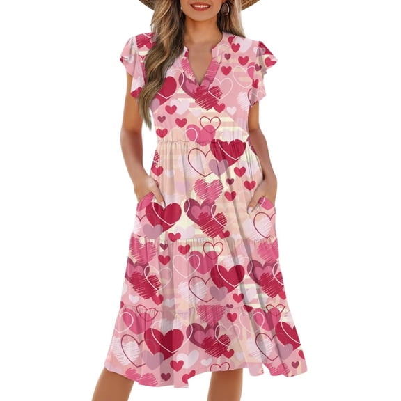 Yuyamidu Pink Valentines Dress Women's Casual Summer Dresses Trendy V-Neck Flutter Sleeveless Tiered Flowy Dress Hawaiian Beach Vacation Midi Sundress with Pockets