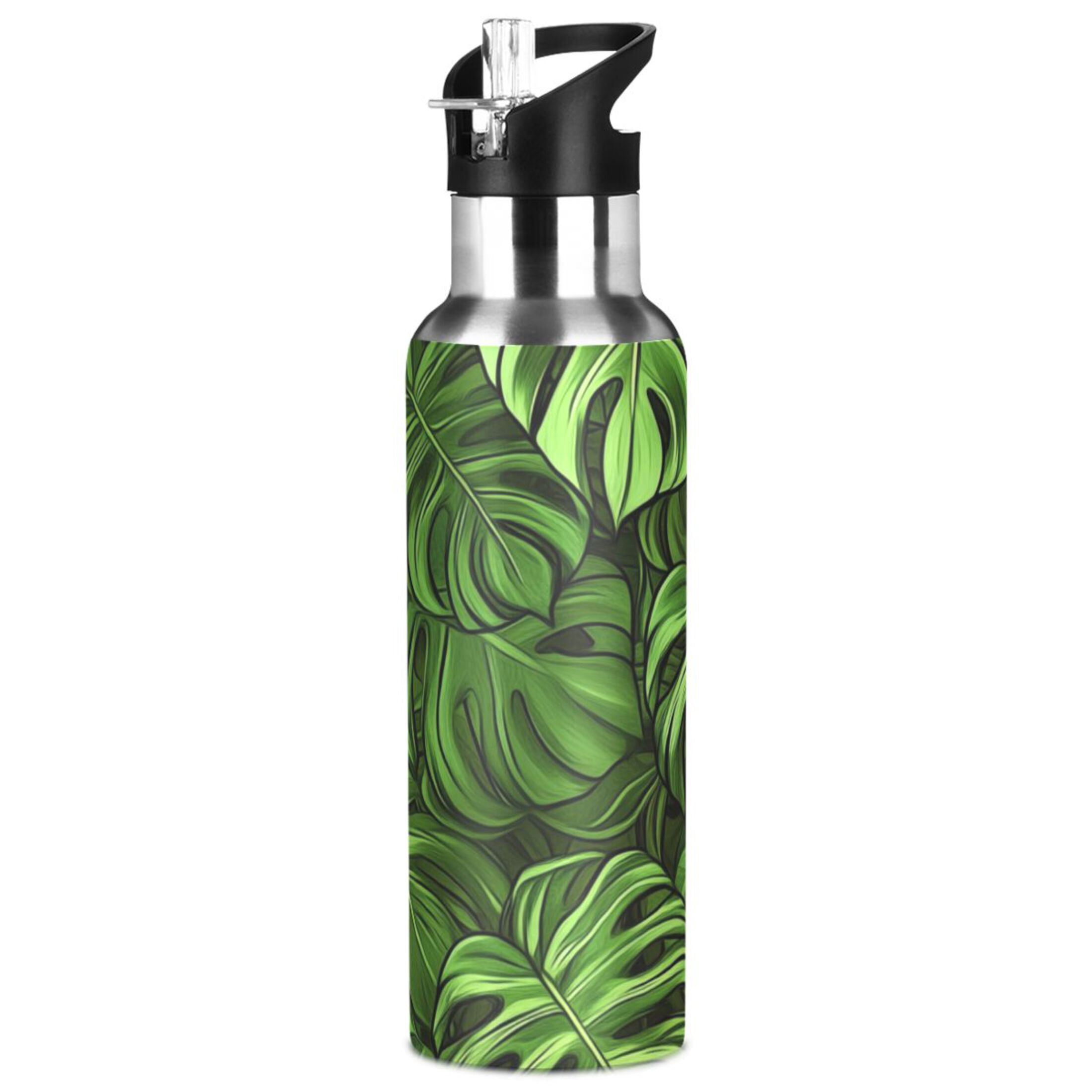 Green Monstera Leaves Sports Bottle with Straw Stainless Steel Water Jug Portable Thermal Cup Leak-proof 1000ML