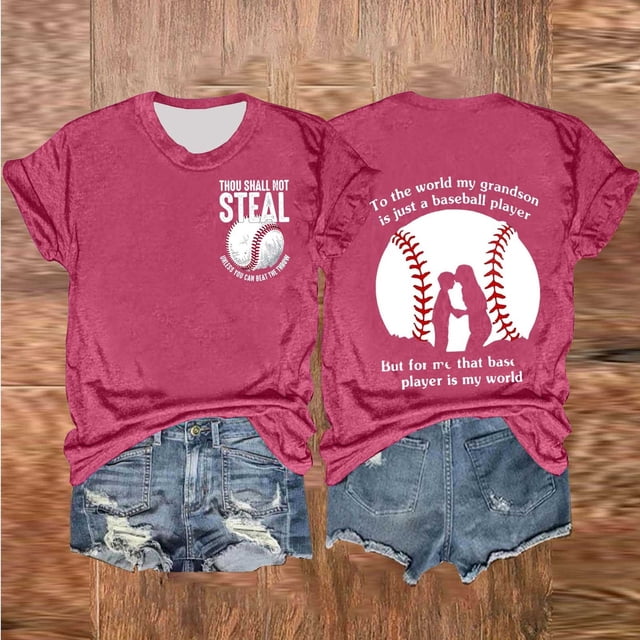 Fiudx Ofertas Flash Del Día Solo En Línea Camiseta de Manga Corta con Cuello Redondo y Estampado de Doble Cara de Béisbol Informal a La Moda para Mujer