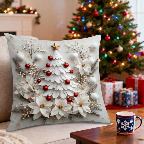 Juego de Almohadas Navideñas con Árbol de Navidad, Reno, Muñeco de Nieve, Sofá Decorativo, Ambiente de Lino.