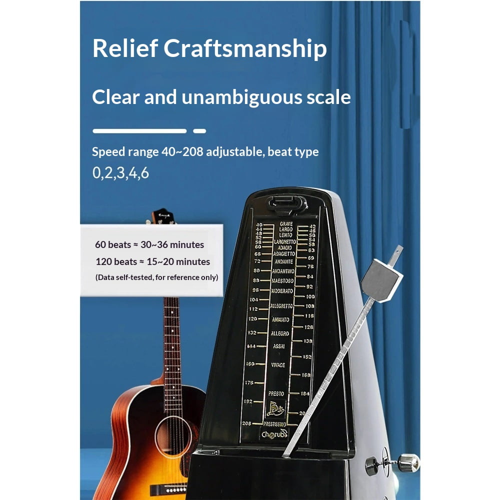 metronome - Classic Mechanical Wind-Up Design with Bell for Piano, Guitar, Violin & All Instruments (Black)