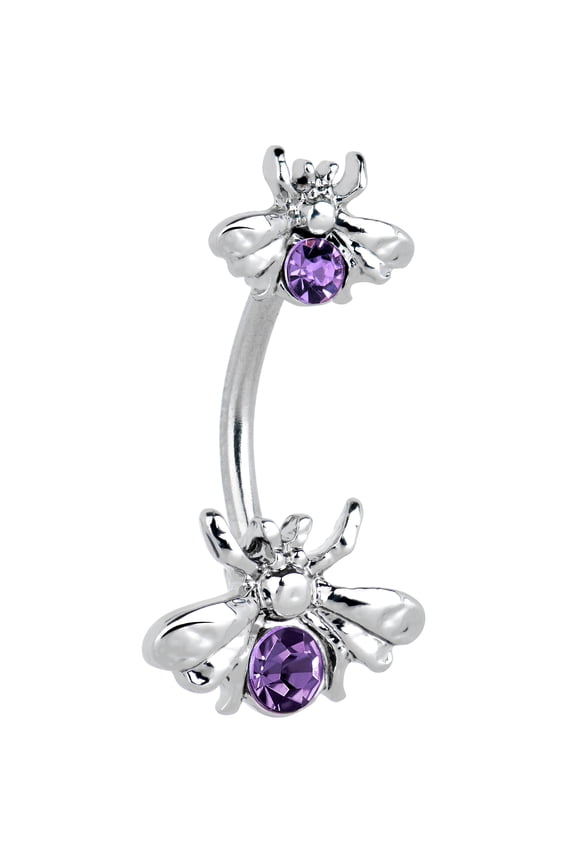 Womens Stainless Steel Piercing Purple Bees Beautiful Double Mount Belly Button Ring