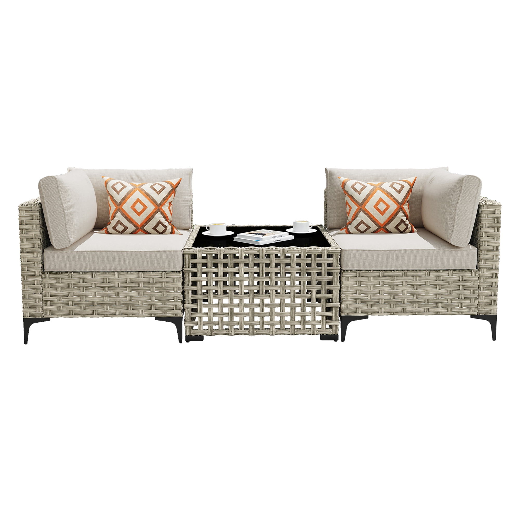Ovios 3 Pieces Outdoor Patio Sectional Furniture Cushioned PE Rattan Wicker Chairs Conversation Set with Solar Lamps Coffee Table for Backyard
