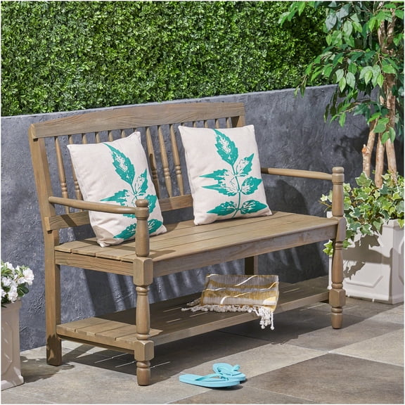 JERFIT Farmhouse Storage Bench with Shelf, Gray Acacia Wood Entryway Bench, 51" Hallway Seating with Backrest