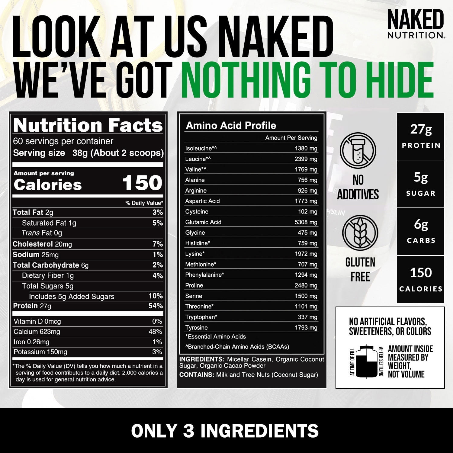 Naked Chocolate Casein - Chocolate Micellar Casein Protein - 5 Pound Bulk, Gmo-Free, Gluten-Free, Soy-Free, Preservative-Free - Stimulate Muscle Growth - Enhance Recovery - 60 Servings