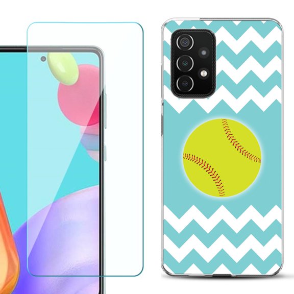Slim-Fit Flexible Gel TPU Phone Case compatible with Samsung Galaxy A52 5G, with Tempered Glass Screen Protector, by OneToughShield ® - Chevron/Teal/Softball