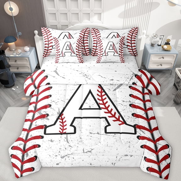 Manfei Letter A Monogrammed 7-Piece Twin Bedding Sets,Baseball Game Lover Bedding Comforter Set,White Red Sheet Sets For Boys,Microfiber Room Decorative Reversible