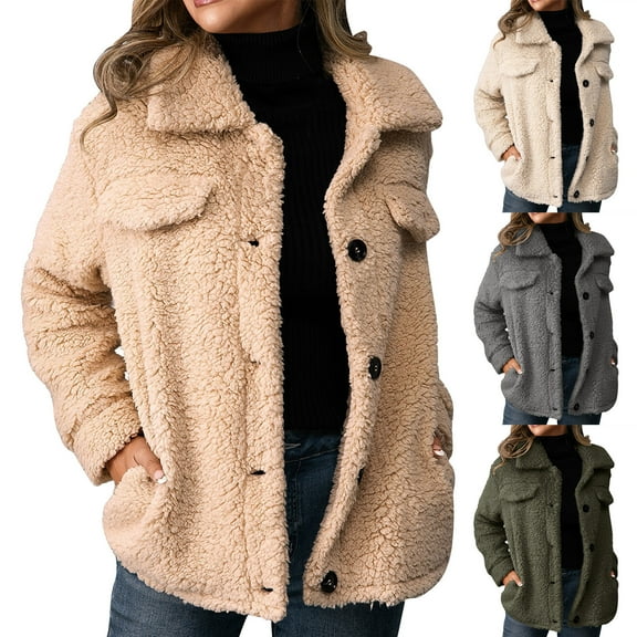 FRSASU Fleece Jacket for Women Fuzzy Fleece Open Front Lapel Cardigan Fluffy Winter Coats Outerwear with Pockets Khaki