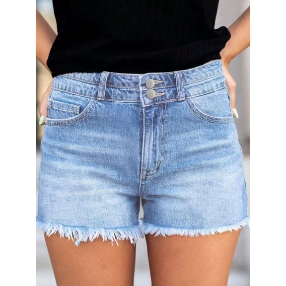 Women’s High Waist Denim Shorts, Double Button Frayed Raw Hem Casual Jean Shorts with Pockets