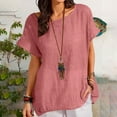 thumbnail image 3 of Olyvenn Fashion Linen Shirts for Women Plus Size Short Sleeve Casual Beach Top Crewneck Loose Fit Vintage Plain Summer Tshirt Blouses Pink XXL, 3 of 6