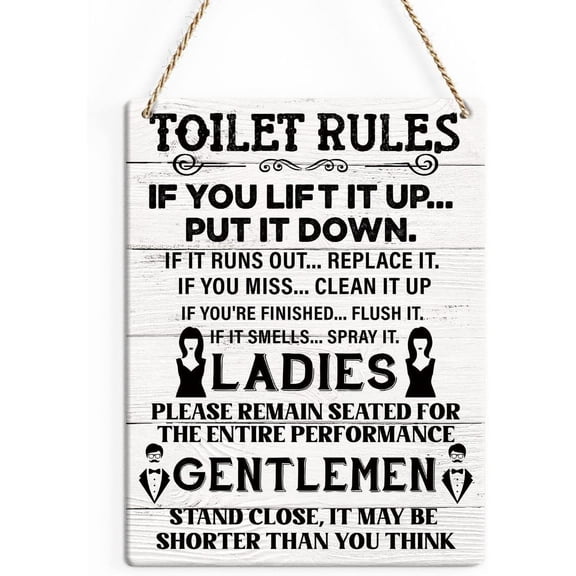 8x10 Inch Rustic Bathroom Wood Decor Sign, Toilet Rules If You Lift It Up Put It Down Printed Wood Sign Wall Art, Hanging Door Sign, Decorative Wood Sign Home Bathroom Decor