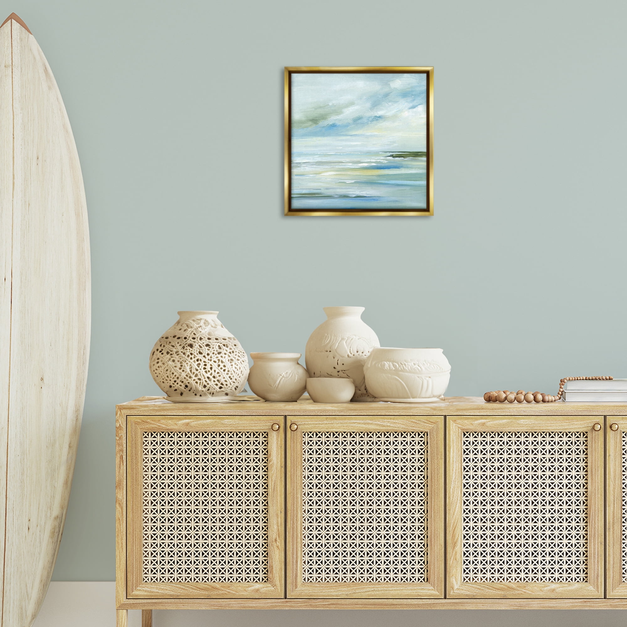 Stupell Industries Cloudy Blue Beach Impression Landscape & Nature Painting Gold Floater Framed Canvas Art Print Wall Art, 18 x 18