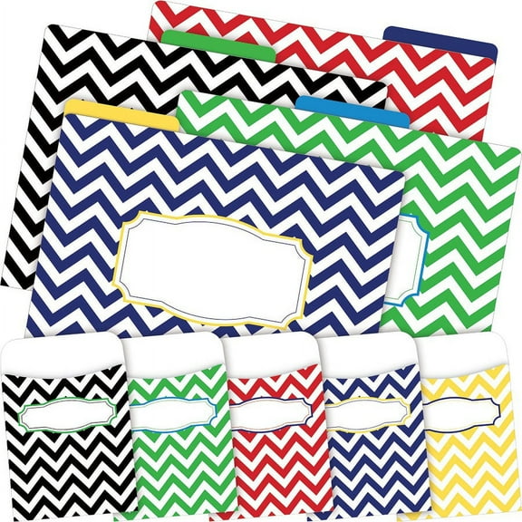Barker Creek 12 File Folders 30 Peel & Stick Pockets Set - Chevron Nautical (BC3590)