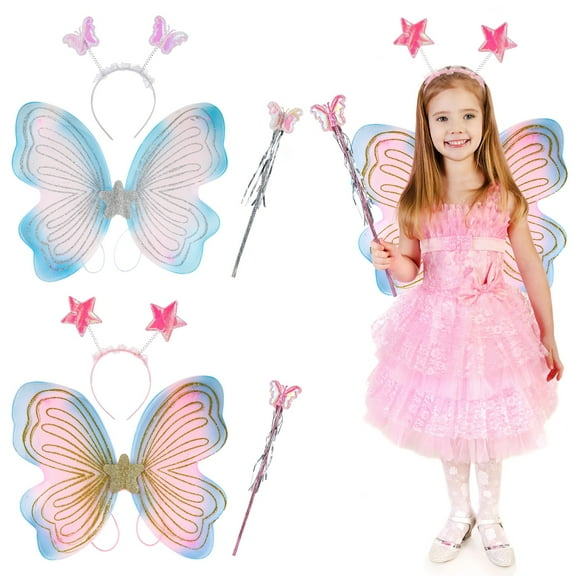 Set of 2 Youngsters Butterfly Costume Set, Includes 2 Pcs Fairy Princess Butterfly Wings, 2PCS Star Wands, and 2PCS Hairbands for Cosplay, Dress Up, Pretend Play, 15" x 13.8"
