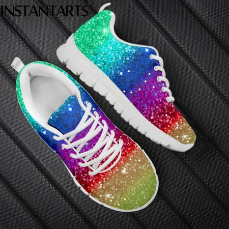 

Cool Rainbow Glitter Texture Printed Girls Flat Shoes Breathable Slip-on Mesh Sneakers Outdoor Lace up Scarpe Donna