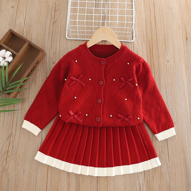 Cowsor Baby Girls Cute 2 Piece Outfits Button Down Bowknot Cardigan Sweater A-Line Knitted Pleated Mini Skirt Sets