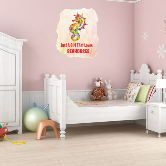 Watercolor Decal Just A Girl That Loves Seahorses Living Room Wall Decal for Family Small Sea Animal Pink Background Quotes Cute Themed Room Décor - Size: 8 In x 10 In