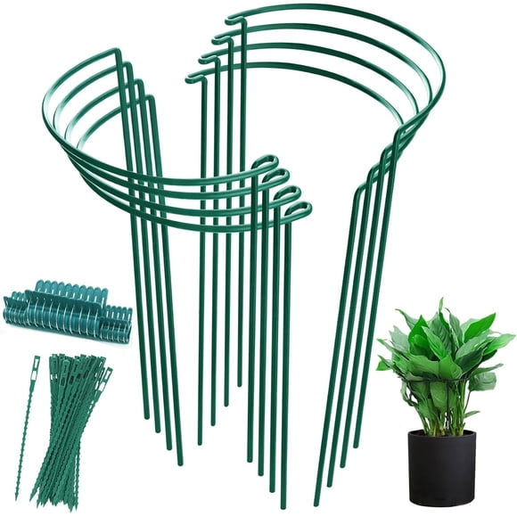 Piquet de Soutien pour Plantes, Lot de 8 Anneau de Soutien pour Plantes Demi-Rond Vert en Métal, Piquet de Soutien pour Tiges de Jardin avec 20 Pcs Pinces pour Plantes et Tige de Plante