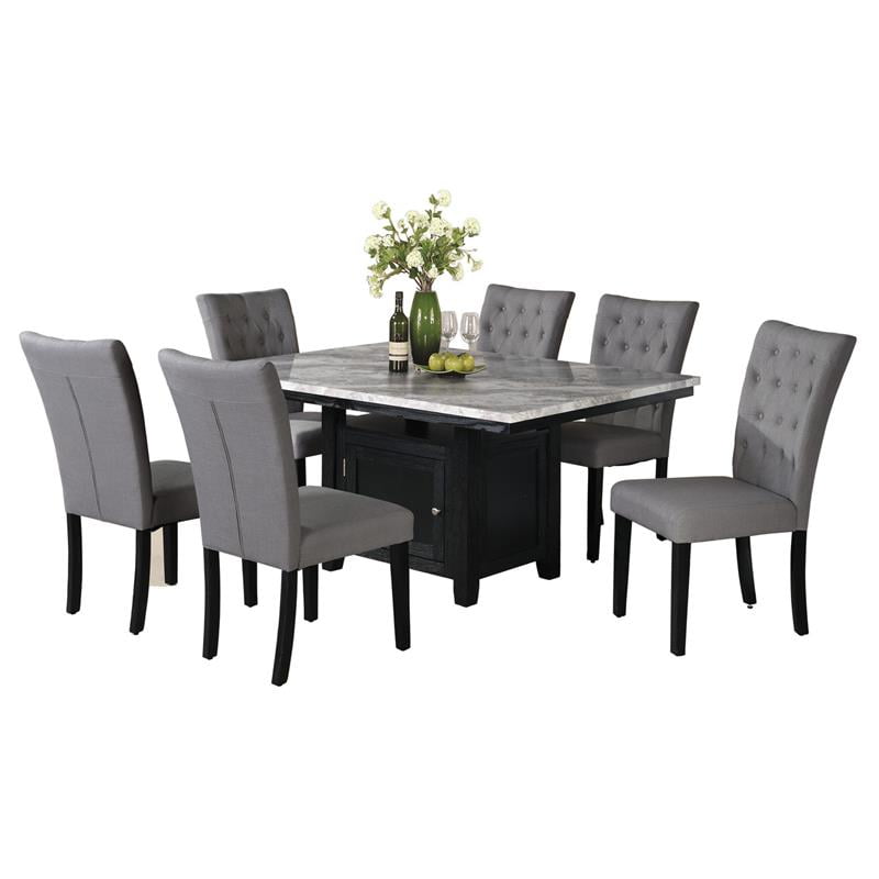 Faux White Marble Dining Set with Wood Under Storage and Gray Chairs -  