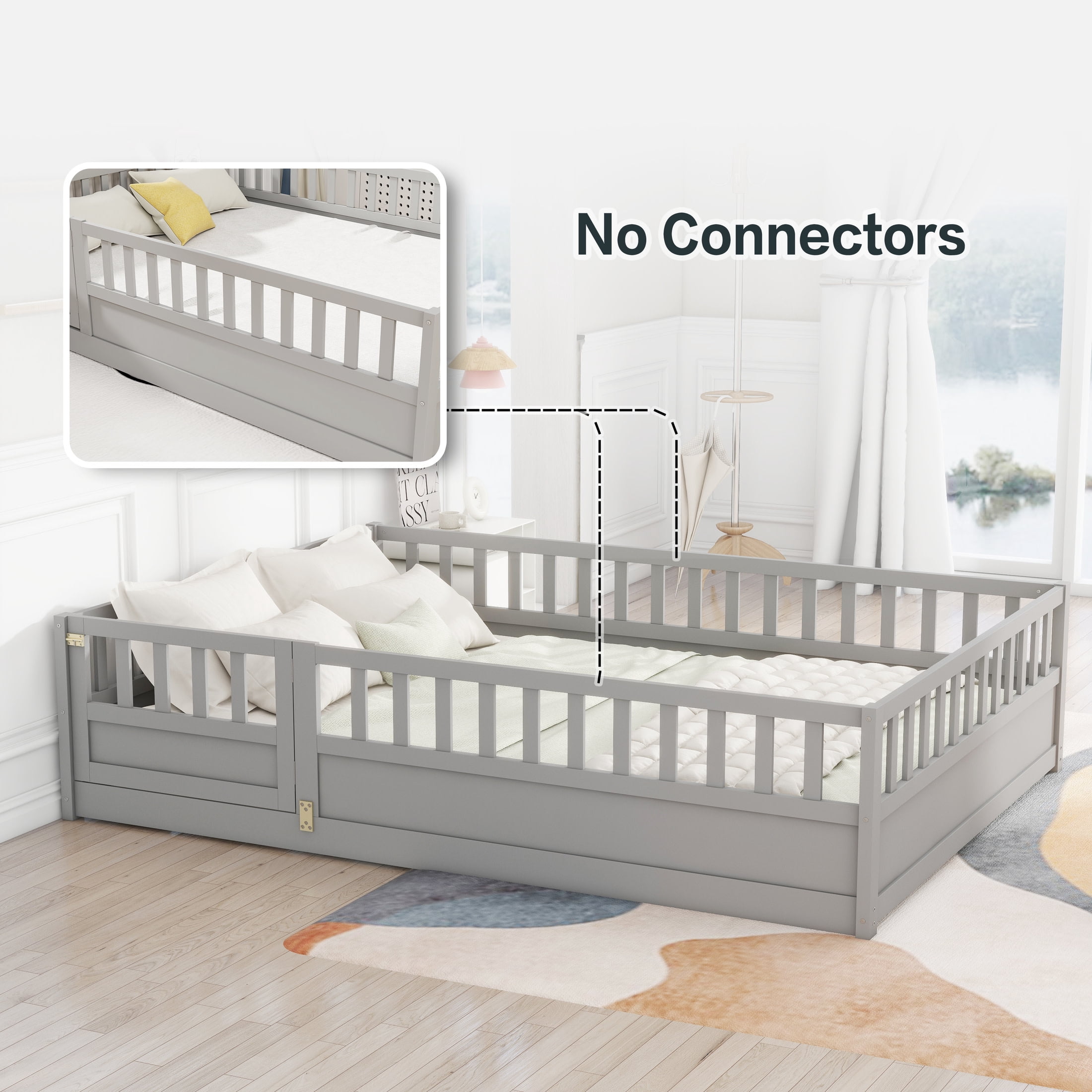 Noble House Full Size Montessori Floor Bed with Guardrails and Door, Wood Kids Bed Frame, Gray