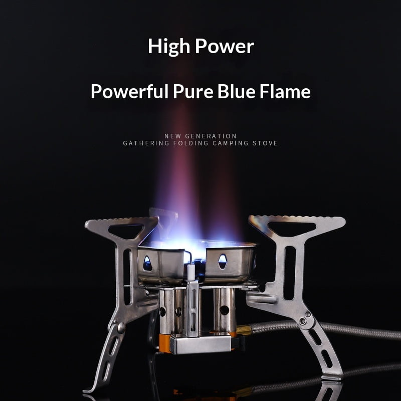 Windproof Camp Stove Camping Gas Stove with Fuel Canister Adapter, Piezo Ignition, Portable Collapsible Stove Burner for Outdoor Backpacking Hiking and Picnic