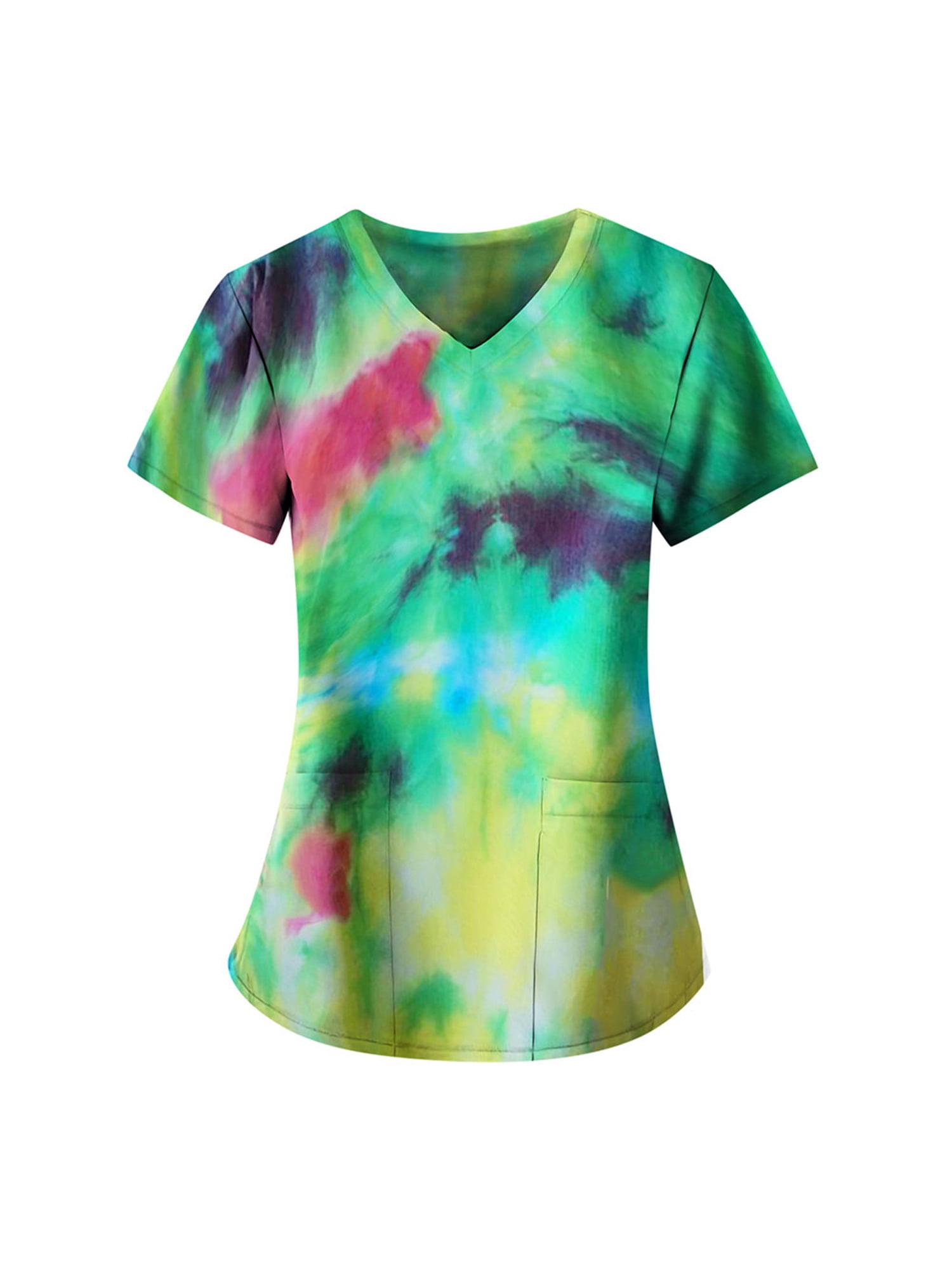 Women Nurse Uniform Tie Dye Short Sleeve TShirt Summer VNeck Casual