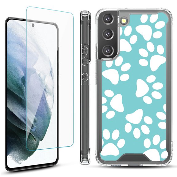 Shockproof Bumper Phone Case for Samsung Galaxy S22  / S22 Plus 5G, with Tempered Glass Screen Protector, by OneToughShield ® - Pet Paw / Teal