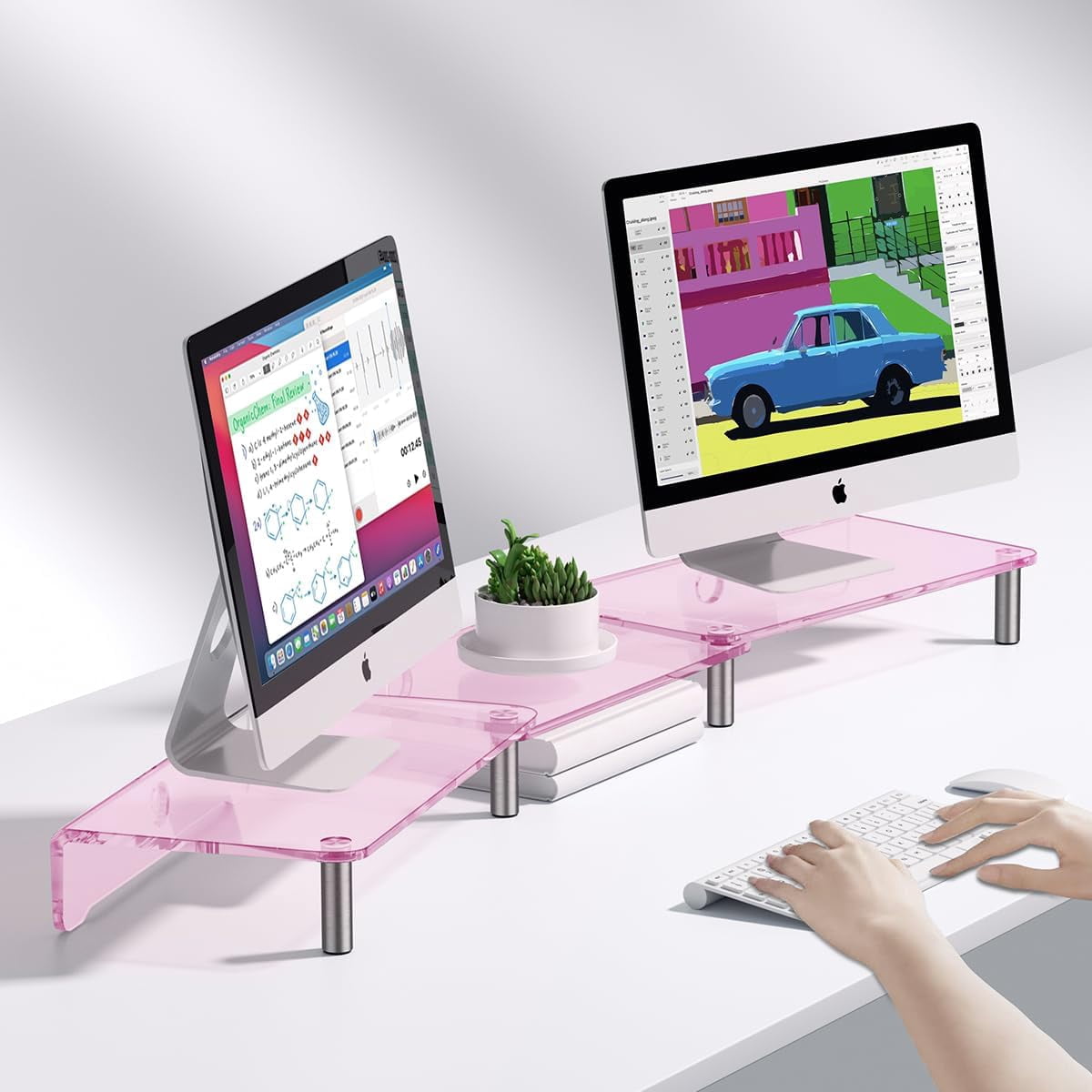 Dual monitor stand base, 3-layer pink acrylic monitor stand with anti-slip mat, adjustable length and angle, suitable for 2 monitors, desktop, laptop, , printer, TV screen (pink acrylic)