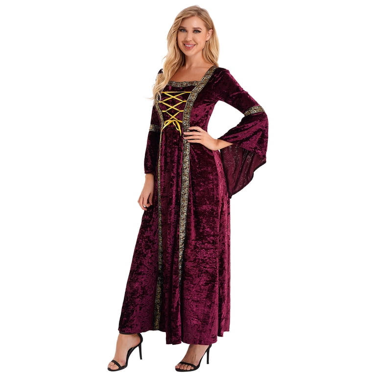Yeahdor Womens Medieval Victoria Queen Princess Formal Dress Halloween Carnival Court Cosplay Costume Velvet Dress Burgundy L