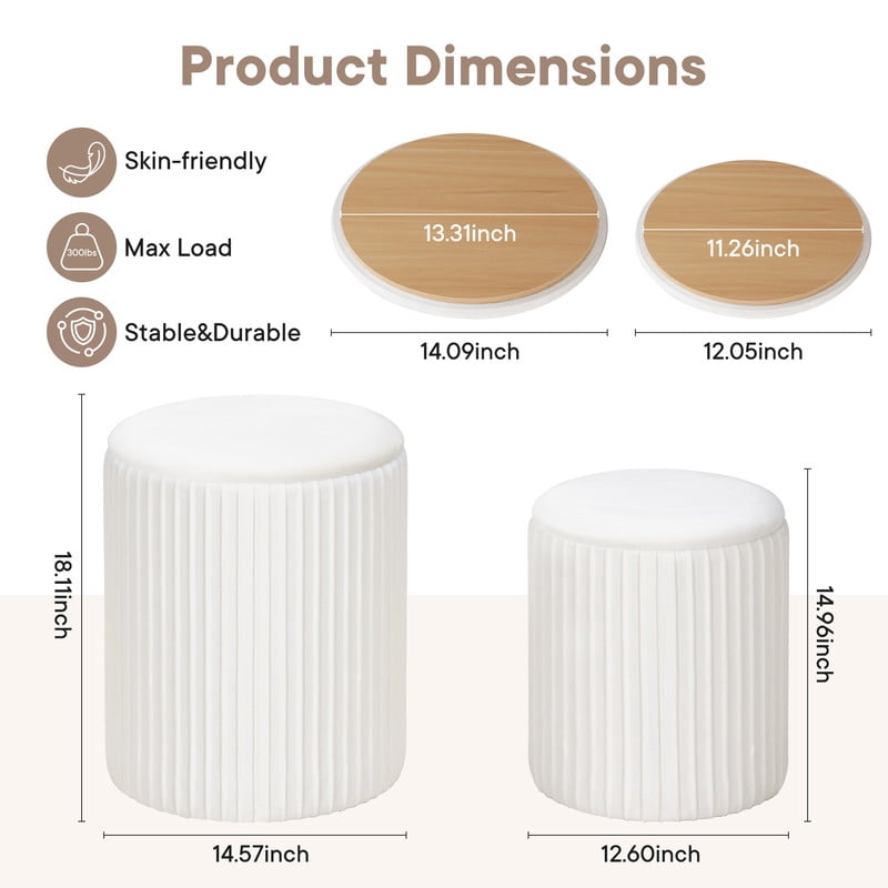 Gianna Round Ottoman Set of 2 with Reversible Seat, Upholstered Vanity Stool, Comfortable Footrest With Storage for Living Room, Bedroom, Beige
