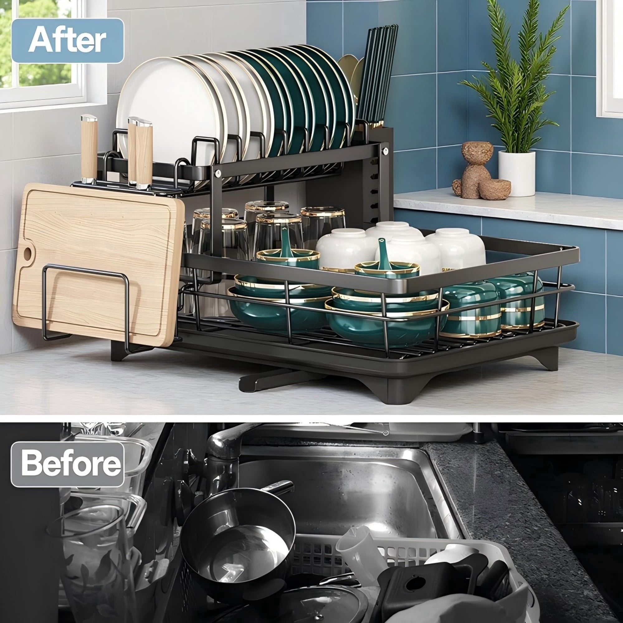 2-Tier Dish Drying Rack with Utensil Holder and Cutting Board Slot, Rust-Resistant Carbon Steel Kitchen Counter Dish Drainer, Large Capacity Organizer for Plates, Cups and Bowls