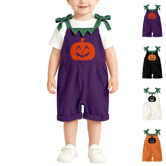 Kids Halloween Outfit Sleeveless Overalls Jumpsuit Adjustable Strap Shorts Pumpkin Kids Halloween Outfit Size 1-7 Years