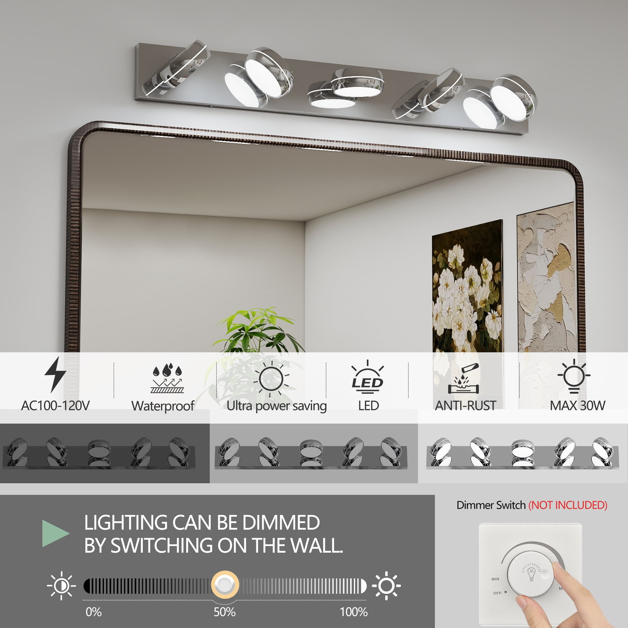 5 Lights Modern LED Vanity Light for Bathroom, 35.4 inch Chrome Up and Down Wall Light Fixtures Over Mirror with Frosted White Acrylic Shades (White Light 6000K)