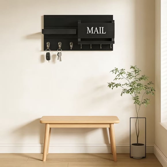 Wooden Wall-Mounted Entryway Coat Rack with Key Hooks, Mail Organizer, Upper Shelf, Gray/Brown/Black, 42x20x16.5 cm, Space-Saving Storage for Small Homes