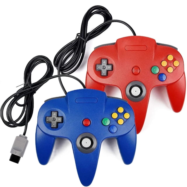 RetroFam Paquete de 2 Controladores de Joystick de Videojuego con Cable Nintendo 64 N64, Azul y Rojo