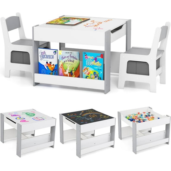 HLL Kids Table and Chairs, 3 in 1 Wooden Activity Desk Set w/Reversible Tabletop, Bookshelves & Storage Drawers for Drawing, Reading, Crafts, Playing, Toddler Table and Chair ,24" x 24" x 19",Gray