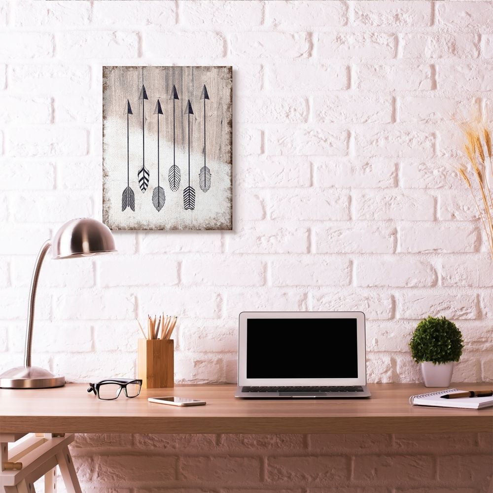 Tribal Arrow Feather Pattern Black And White Design Oversized Stretched Canvas Wall Art by Ziwei Li