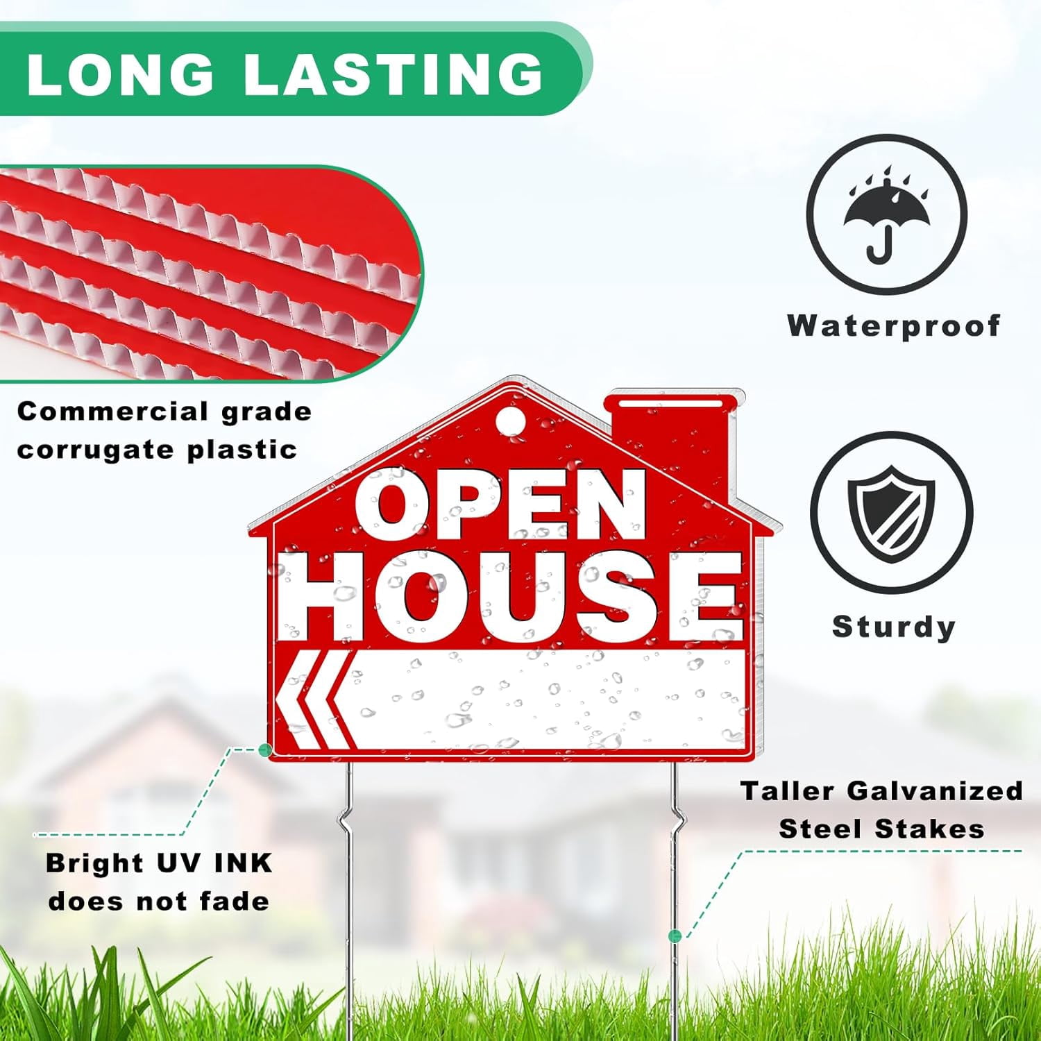 Open House Signs for Real Estate, 5 Packs 17" x 13" Large Double Sided Yard Signs with Metal Stakes Weather Proof Open House Sign with Directional Arrows for Real Estate Agent Property Sale