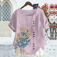 thumbnail image 5 of Linen Shirts for Women Crew Neck Short Sleeve Floral Graphic Tees Casual Loose Fit Buttons Breathable Boho Summer Vacation Tunic Tops, 5 of 5