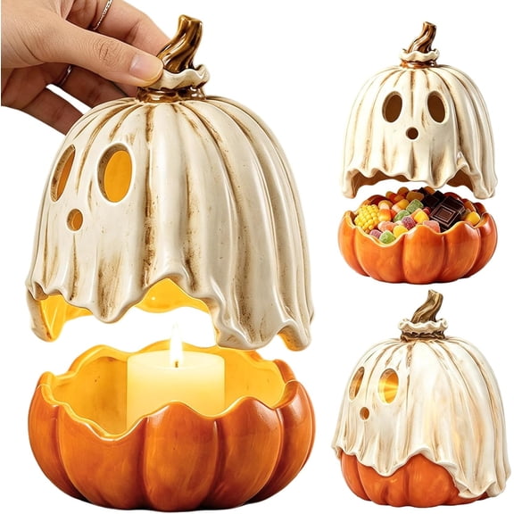 Halloween Decorations, Ghost Pumpkin Candy Bowl,Jack O' Lantern Trick or Treat Holder, 2-in-1 Ghost Figurine Tealight Candle Holder for Home Mantel Tabletop Party Fall Decor