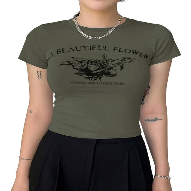 Hauts Courts Graphiques Esthétiques Vintage pour Adolescentes et Filles Y2k, T-Shirts Féeriques Grunge, Vêtements Gris P