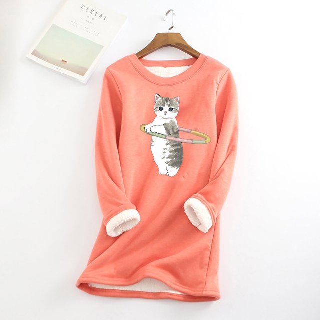 Puntoco Mujer Vintage Loungewear Manga Larga Lindo Gato Estampado Otoño Fleece Sweatershirttop Puntoco Puntoco-2221