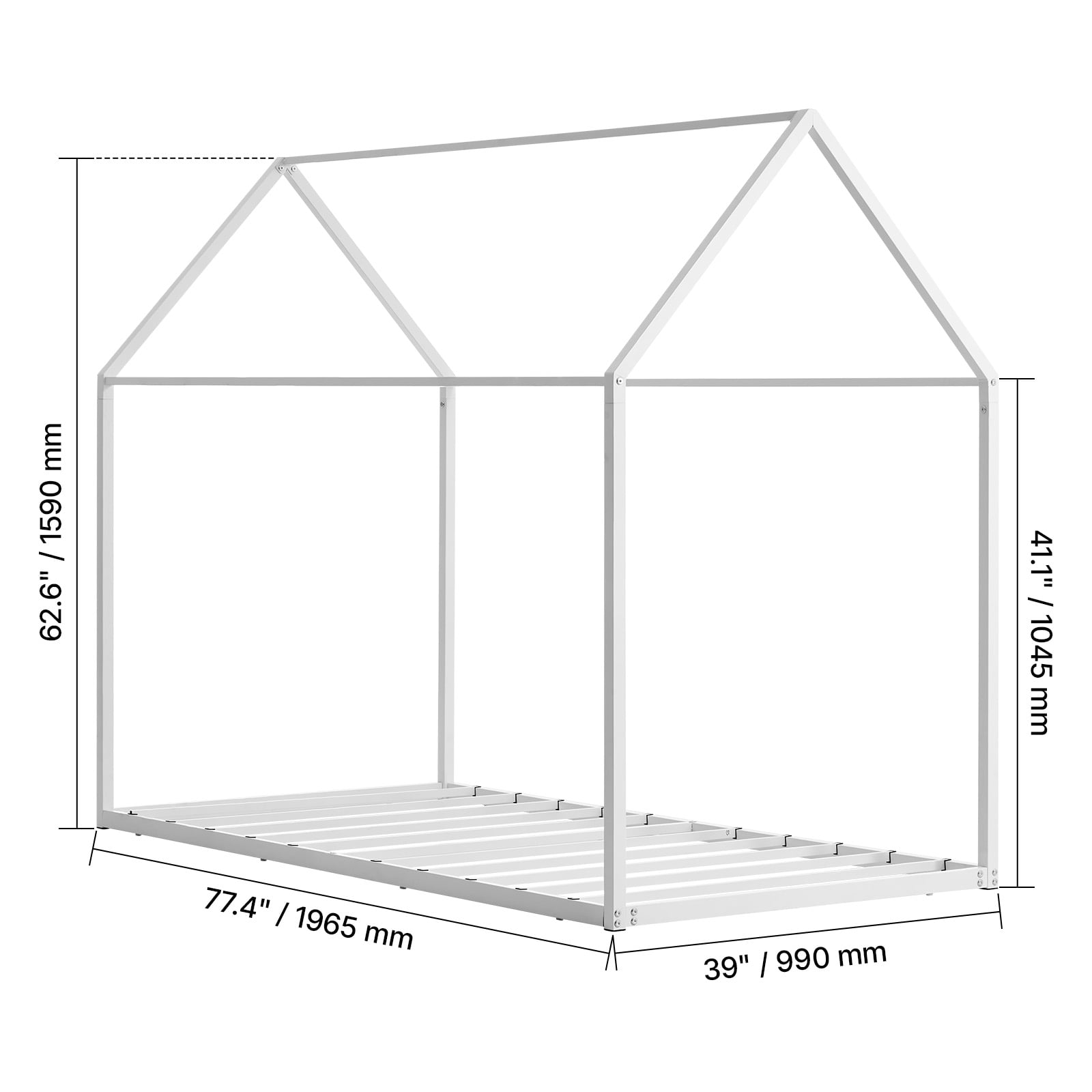 KFFKFF Twin Size Canopy Bed Frame, Kids Floor Bed with Roof Design, Durable Steel Slats Support, House-Shaped Frame for Boys and Girls, No Box Spring Required, Simple Assembly, White
