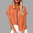 thumbnail image 2 of Cotton Linen Shirts Womens Zip Up Lapel Collar Tops Short Sleeve Summer Dressy Casual Blouses with Chest Pocket (M, Orange), 2 of 6
