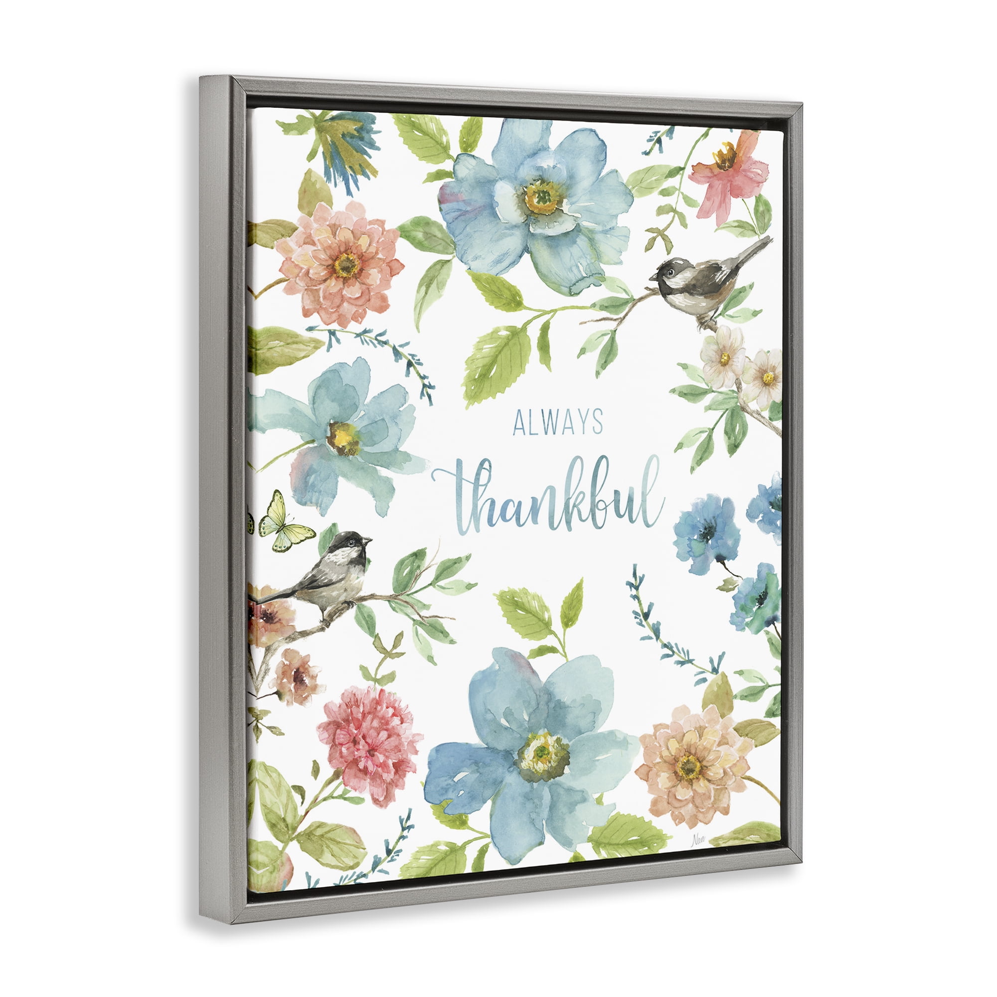 Stupell Industries Always Thankful Pink & Blue Gray Framed Floater Canvas Wall Art, design by Nan