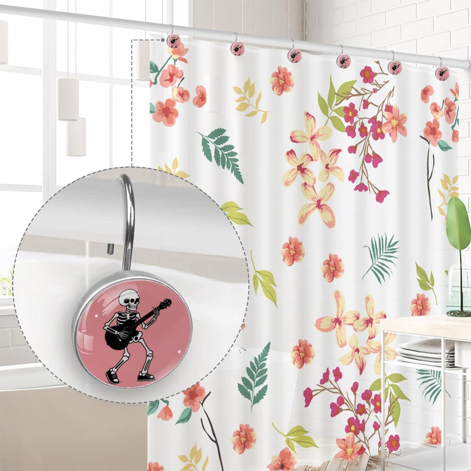 12pcs Decorative Shower Curtain Hooks, Rust Resistant Shower Rings for Bathroom Living Room,Rustproof Stainless Steel Rings for Shower Curtain and Liner Rods,Guitar Skeleton Pink