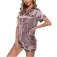 thumbnail image 4 of BLVB Satin Pajamas Set Women's Short Sleeve Tops Sleepwear Soft Silk Button Down Loungewear Comfy Pjs Shorts Set Homewear, 4 of 6