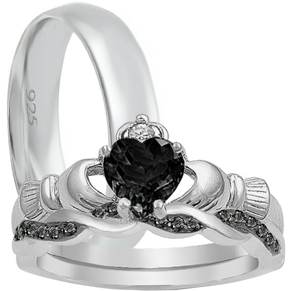 LaRaso & Co His Her TRIO Wedding Set Black Silver Celtic Claddagh Wedding Rings 10 10