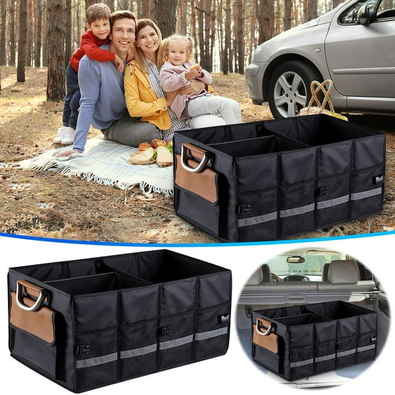 Ycandiee Trunk Storage Organizer, Car Trunk Organizer, Slip and Water Resistant Collapsible Organization Container for Car Sedan or SUV, Black