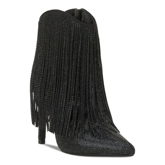 INC Womens Black Long Tassel Accents Rhinestone Padded Sahoj Pointed Toe Stiletto Zip-Up Western Boot 6 M